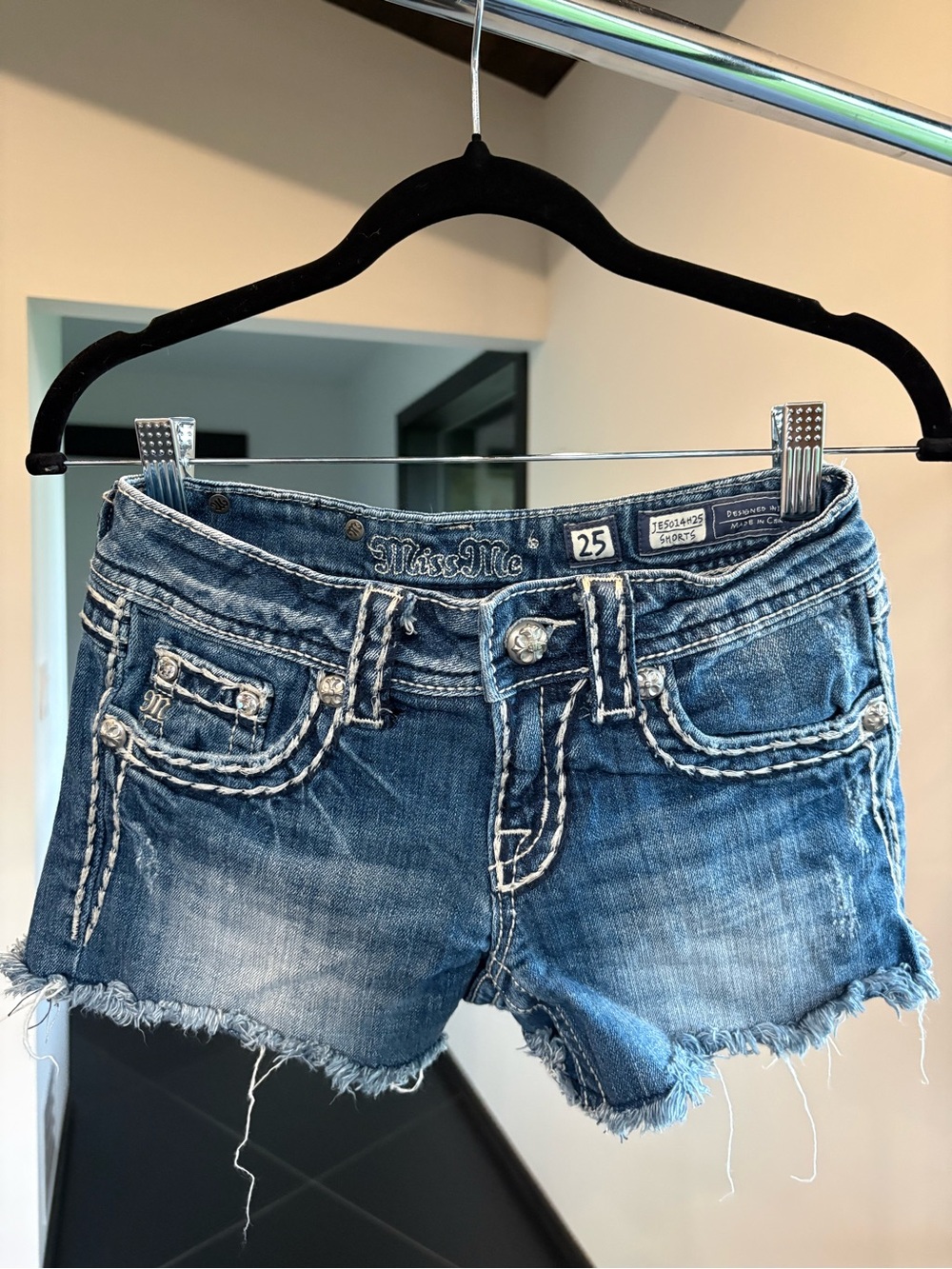 Miss Me Blue Distressed Embroidered Denim Cutoff Shorts - Picture 2 of 5